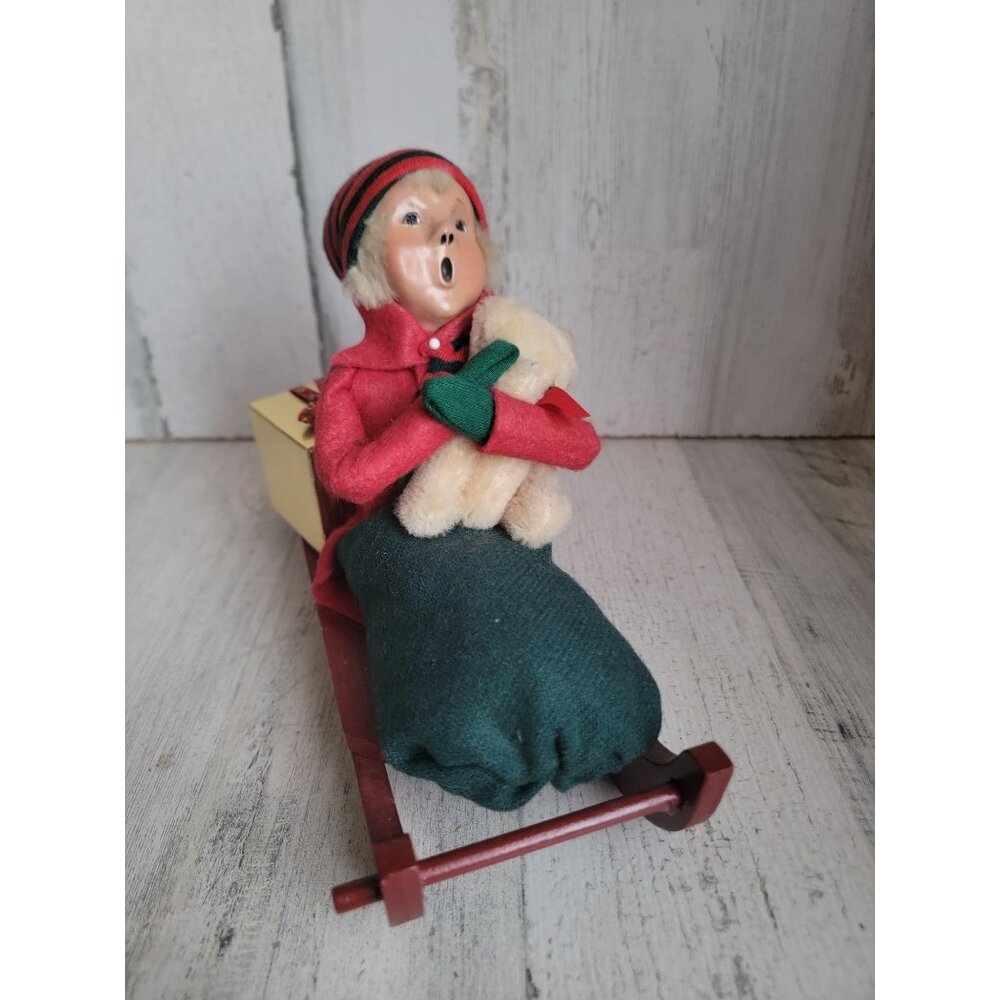 Byer's‎ Choice 1987 boy on sled vintage teddy bear xmas figure